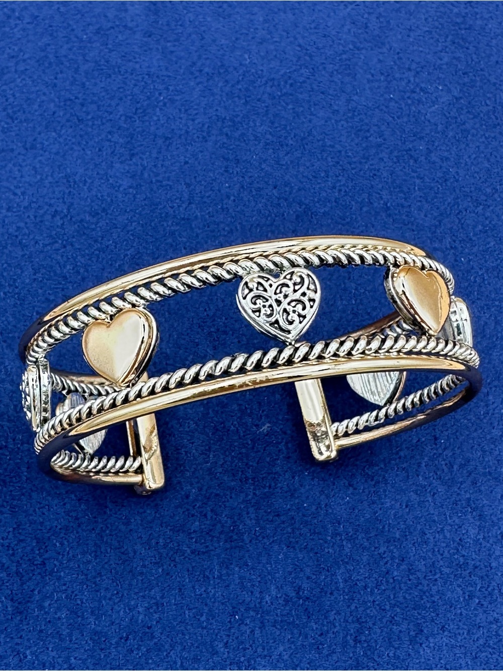 Two-Tone Heart Cuff Bracelet with rhinestones - Gold & Silver Accent